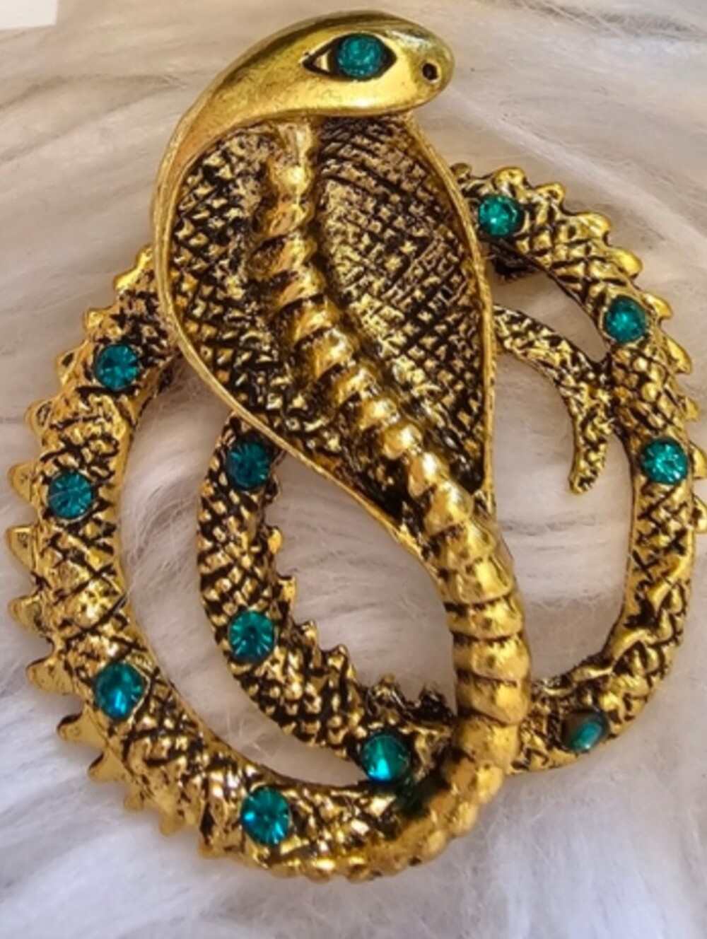 Gold Cobra Snake Brooch with Teal Rhinestones